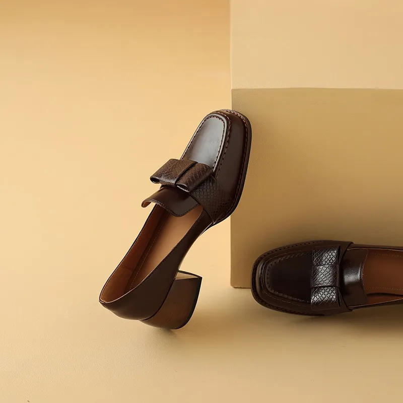 Elegant and stylish soft cowhide bow loafers for spring, chunky mid-heel, women's shoes in various sizes.