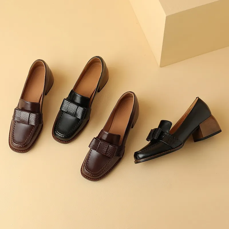 Elegant and stylish soft cowhide bow loafers for spring, chunky mid-heel, women's shoes in various sizes.