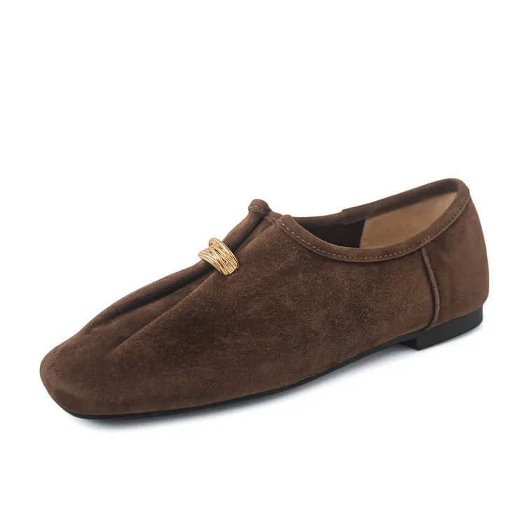 Early spring single shoes, square toe, flat, sheepskin fashion women's shoes, brown, coffee, off-white, 12-30s