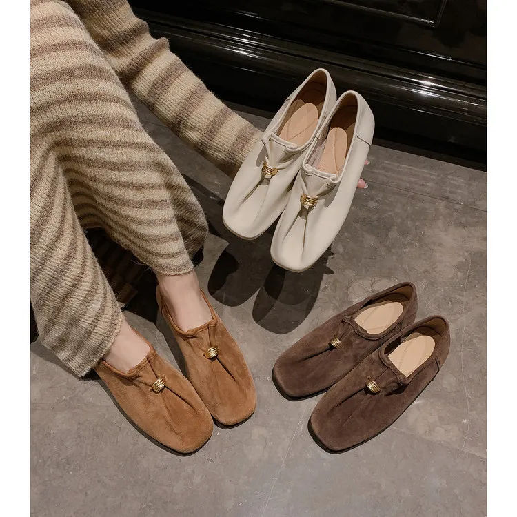 Early spring single shoes, square toe, flat, sheepskin fashion women's shoes, brown, coffee, off-white, 12-30s