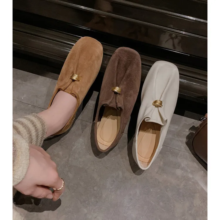 Early spring single shoes, square toe, flat, sheepskin fashion women's shoes, brown, coffee, off-white, 12-30s