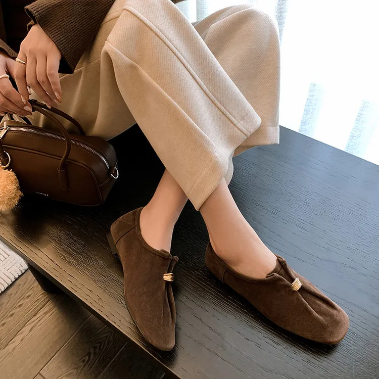 Early spring single shoes, square toe, flat, sheepskin fashion women's shoes, brown, coffee, off-white, 12-30s