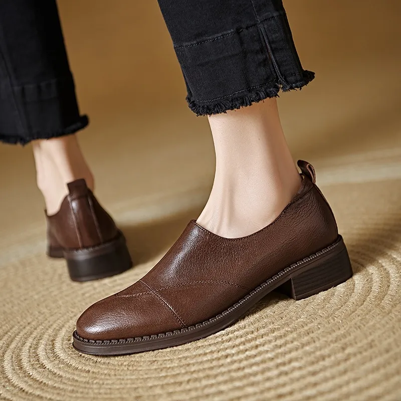 Women's Spring/Autumn Shoes - Black and Brown Loafers - Slip-on, Deep Mouth, Round Toe, Mid-Heel Shoes