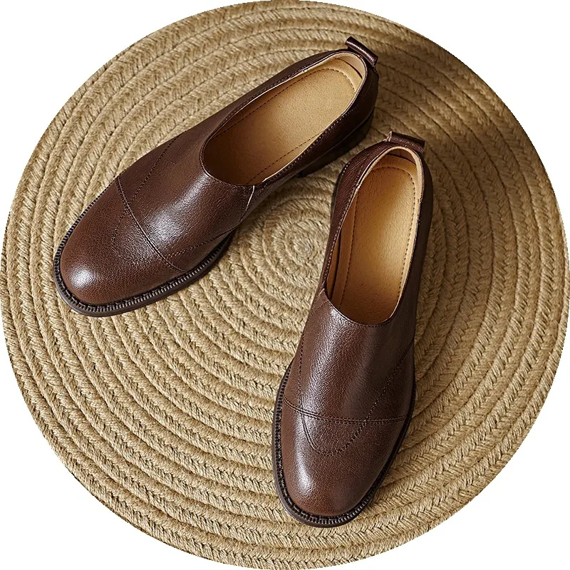 Women's Spring/Autumn Shoes - Black and Brown Loafers - Slip-on, Deep Mouth, Round Toe, Mid-Heel Shoes