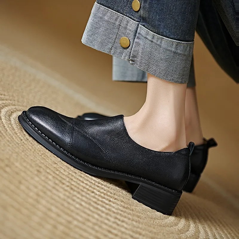 Women's Spring/Autumn Shoes - Black and Brown Loafers - Slip-on, Deep Mouth, Round Toe, Mid-Heel Shoes