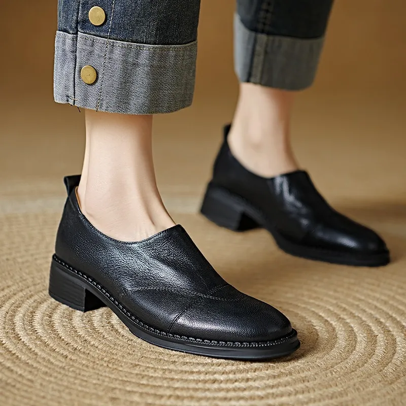 Women's Spring/Autumn Shoes - Black and Brown Loafers - Slip-on, Deep Mouth, Round Toe, Mid-Heel Shoes