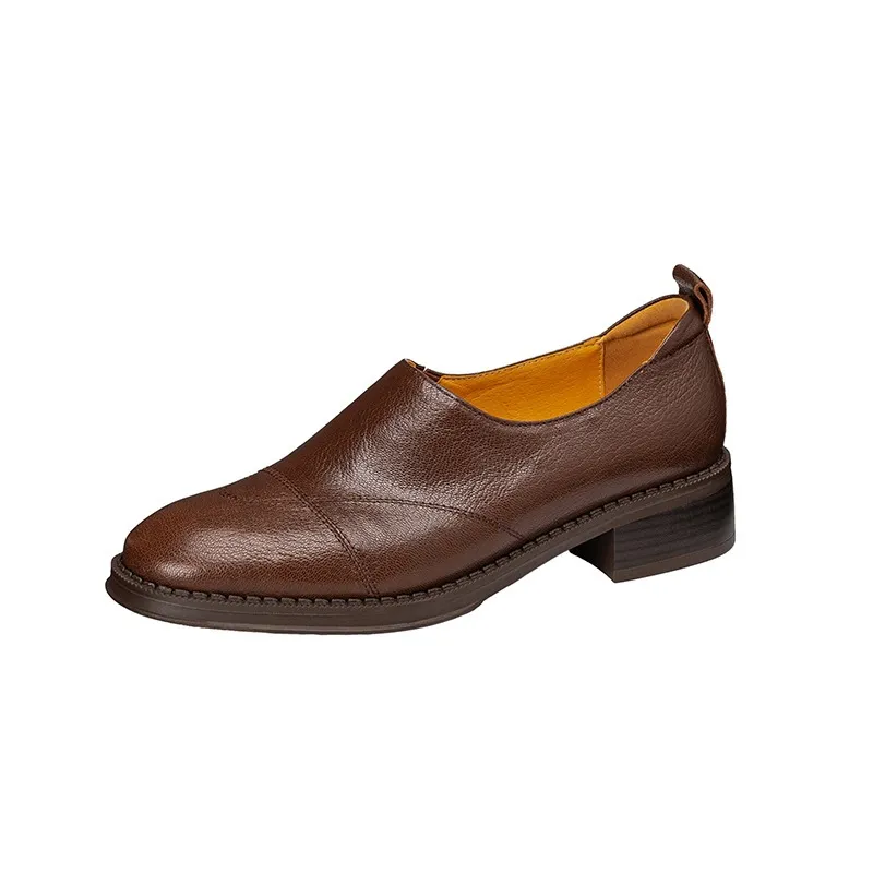 Women's Spring/Autumn Shoes - Black and Brown Loafers - Slip-on, Deep Mouth, Round Toe, Mid-Heel Shoes