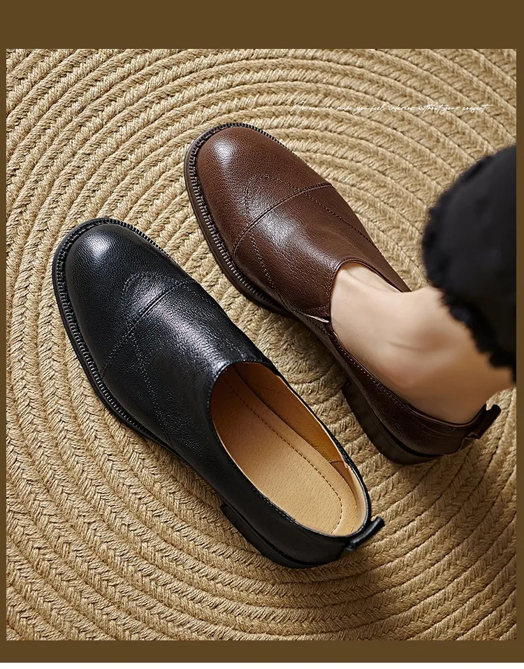 Women's Spring/Autumn Shoes - Black and Brown Loafers - Slip-on, Deep Mouth, Round Toe, Mid-Heel Shoes