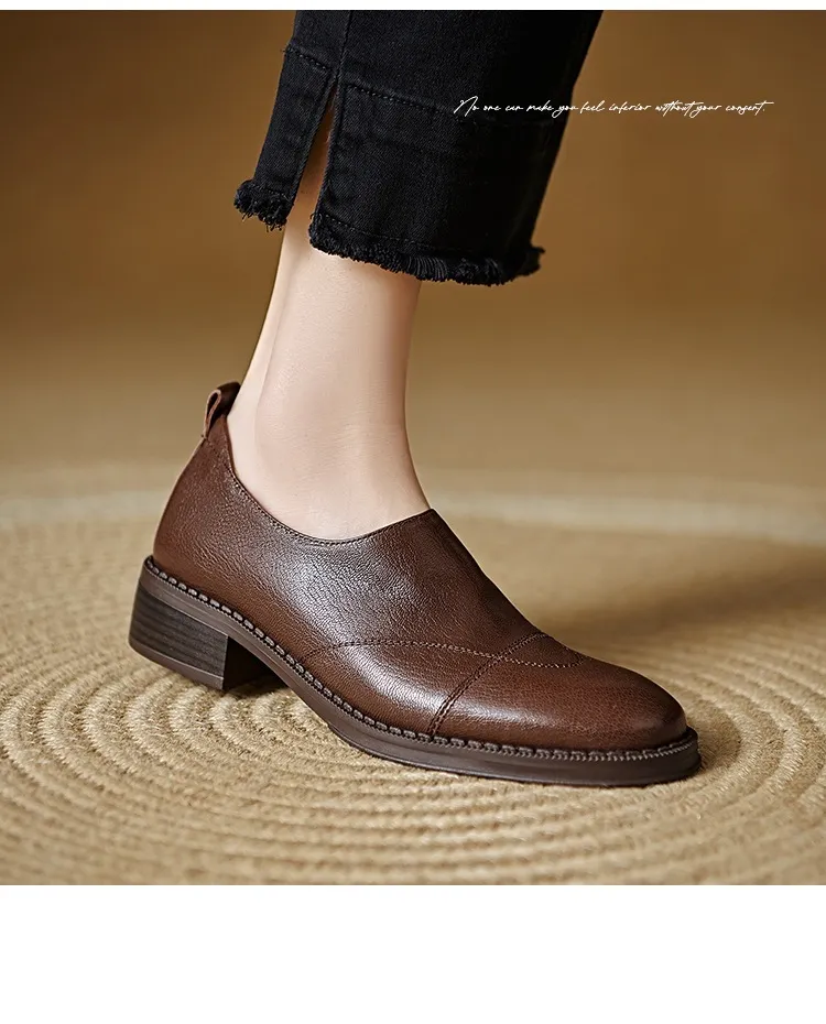 Women's Spring/Autumn Shoes - Black and Brown Loafers - Slip-on, Deep Mouth, Round Toe, Mid-Heel Shoes