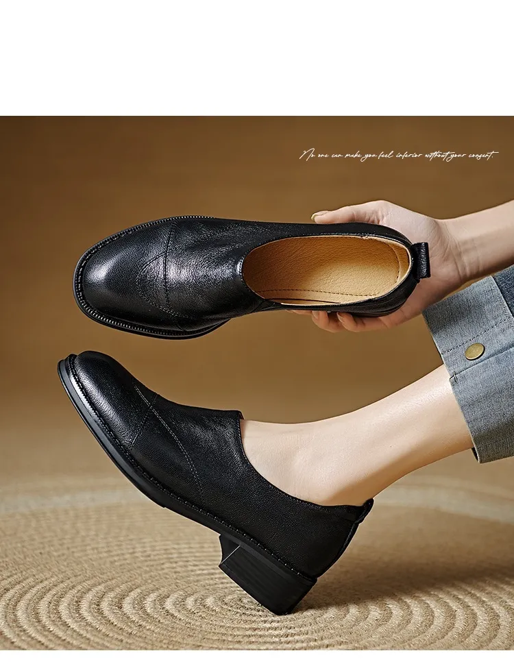 Women's Spring/Autumn Shoes - Black and Brown Loafers - Slip-on, Deep Mouth, Round Toe, Mid-Heel Shoes