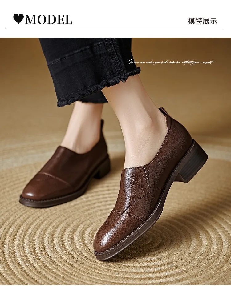 Women's Spring/Autumn Shoes - Black and Brown Loafers - Slip-on, Deep Mouth, Round Toe, Mid-Heel Shoes