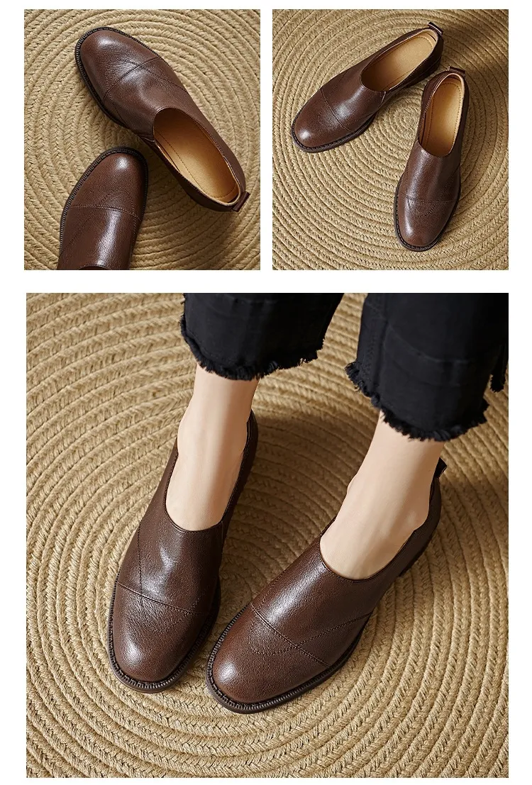 Women's Spring/Autumn Shoes - Black and Brown Loafers - Slip-on, Deep Mouth, Round Toe, Mid-Heel Shoes