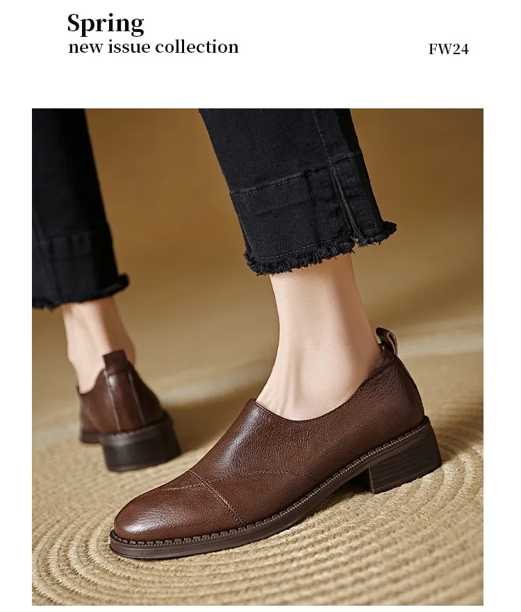 Women's Spring/Autumn Shoes - Black and Brown Loafers - Slip-on, Deep Mouth, Round Toe, Mid-Heel Shoes