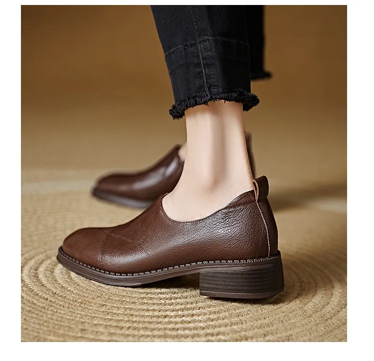 Women's Spring/Autumn Shoes - Black and Brown Loafers - Slip-on, Deep Mouth, Round Toe, Mid-Heel Shoes
