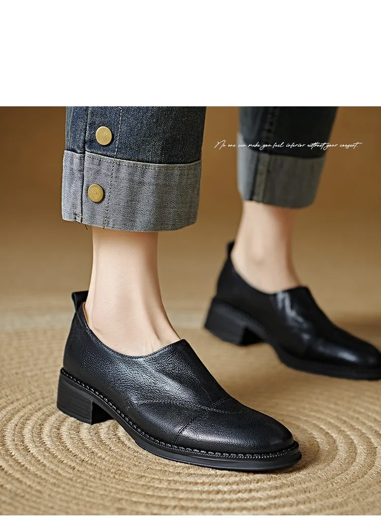 Women's Spring/Autumn Shoes - Black and Brown Loafers - Slip-on, Deep Mouth, Round Toe, Mid-Heel Shoes
