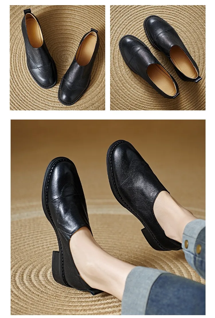 Women's Spring/Autumn Shoes - Black and Brown Loafers - Slip-on, Deep Mouth, Round Toe, Mid-Heel Shoes