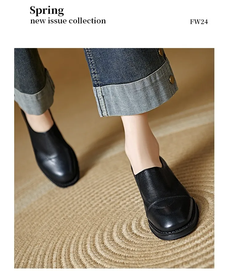Women's Spring/Autumn Shoes - Black and Brown Loafers - Slip-on, Deep Mouth, Round Toe, Mid-Heel Shoes