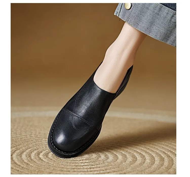 Women's Spring/Autumn Shoes - Black and Brown Loafers - Slip-on, Deep Mouth, Round Toe, Mid-Heel Shoes