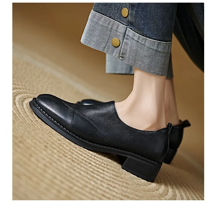 Women's Spring/Autumn Shoes - Black and Brown Loafers - Slip-on, Deep Mouth, Round Toe, Mid-Heel Shoes