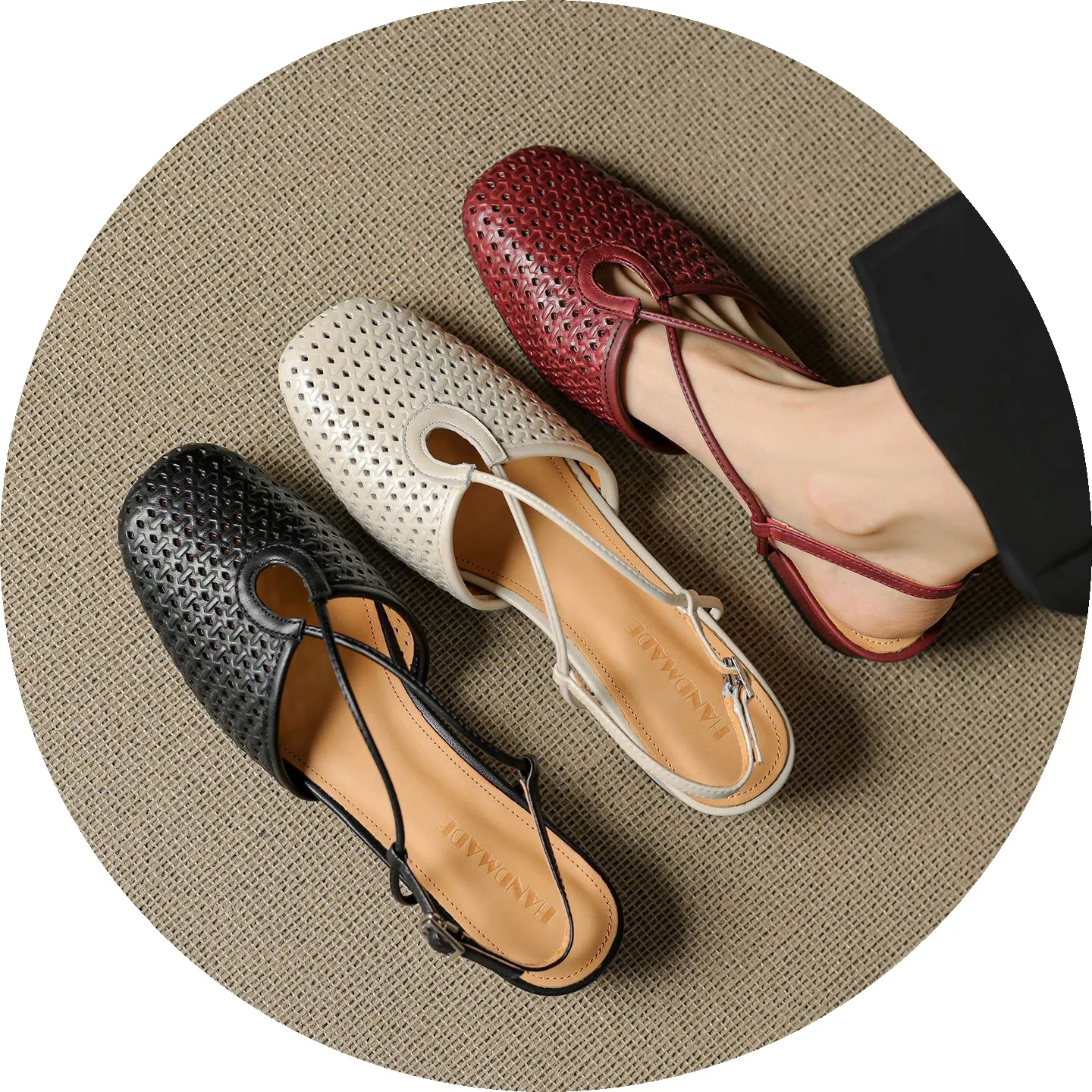 Summer soft openwork closed-toe sandals with cross buckle straps, round toe, 3cm chunky heel, Mary Jane style women's shoes