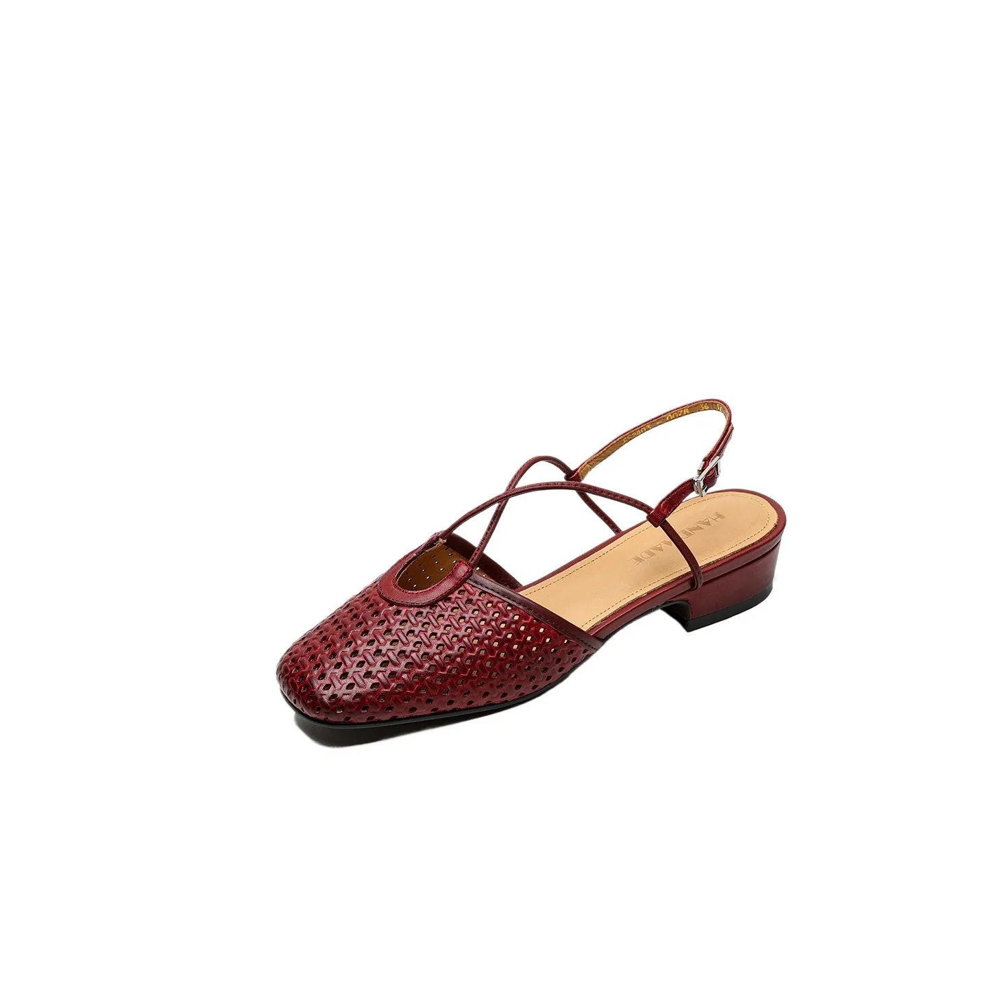 Summer soft openwork closed-toe sandals with cross buckle straps, round toe, 3cm chunky heel, Mary Jane style women's shoes