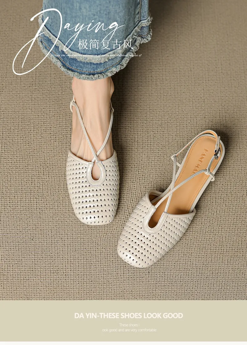 Summer soft openwork closed-toe sandals with cross buckle straps, round toe, 3cm chunky heel, Mary Jane style women's shoes