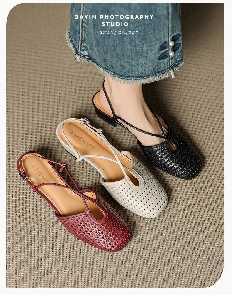Summer soft openwork closed-toe sandals with cross buckle straps, round toe, 3cm chunky heel, Mary Jane style women's shoes