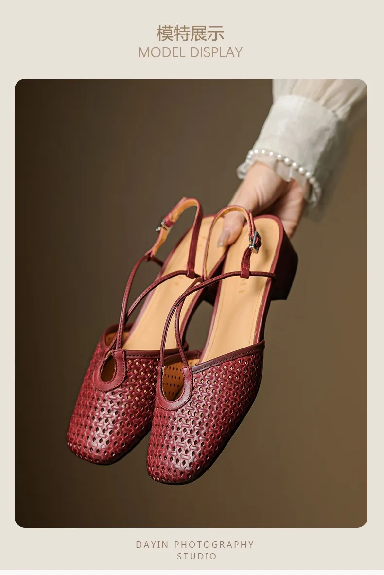 Summer soft openwork closed-toe sandals with cross buckle straps, round toe, 3cm chunky heel, Mary Jane style women's shoes