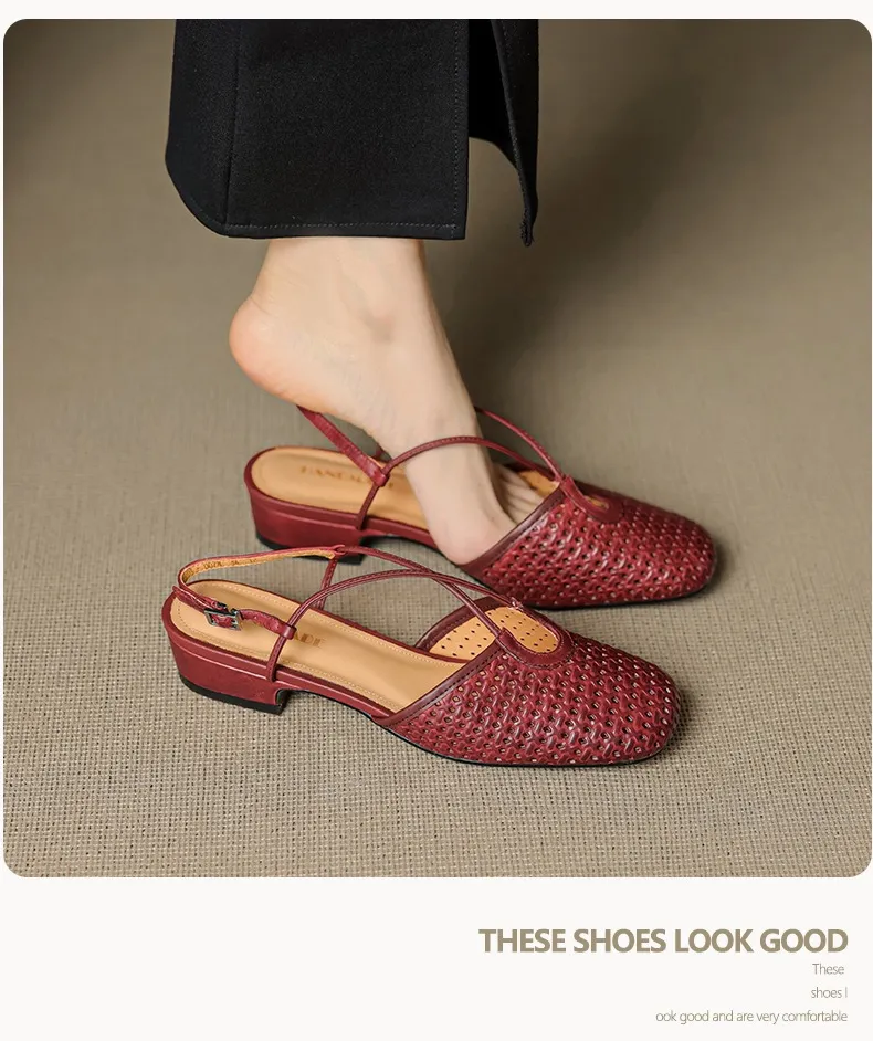 Summer soft openwork closed-toe sandals with cross buckle straps, round toe, 3cm chunky heel, Mary Jane style women's shoes