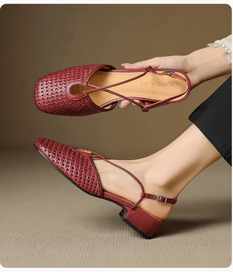 Summer soft openwork closed-toe sandals with cross buckle straps, round toe, 3cm chunky heel, Mary Jane style women's shoes
