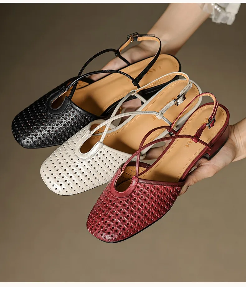 Summer soft openwork closed-toe sandals with cross buckle straps, round toe, 3cm chunky heel, Mary Jane style women's shoes