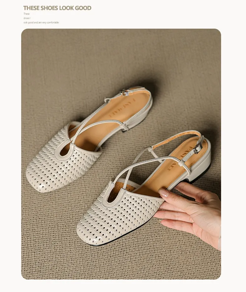 Summer soft openwork closed-toe sandals with cross buckle straps, round toe, 3cm chunky heel, Mary Jane style women's shoes