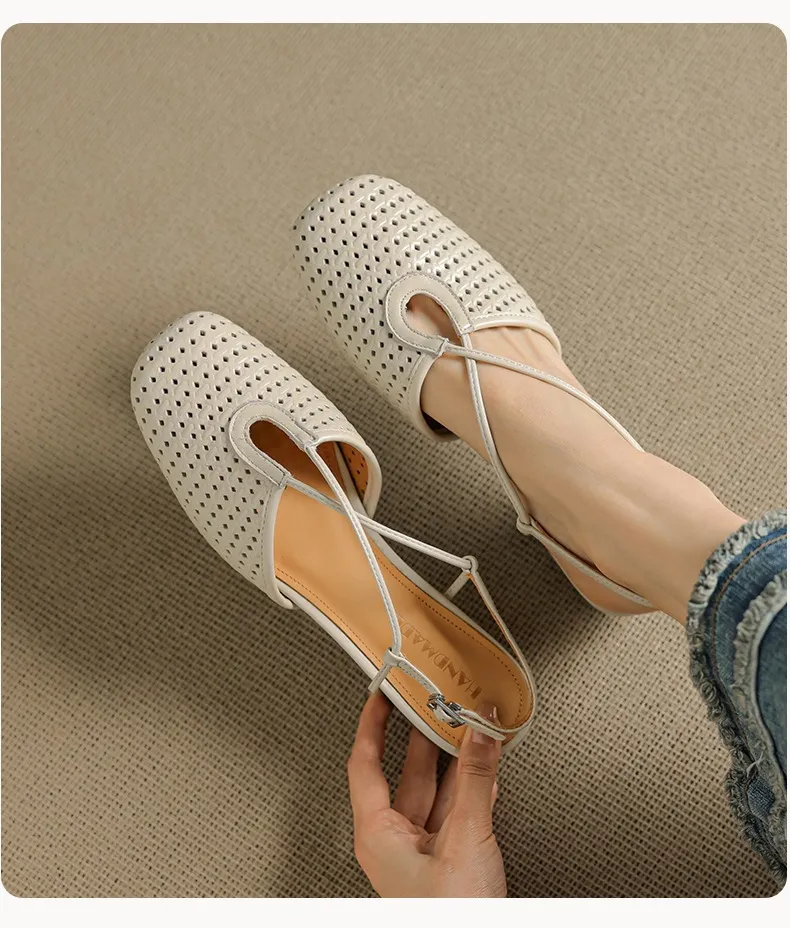 Summer soft openwork closed-toe sandals with cross buckle straps, round toe, 3cm chunky heel, Mary Jane style women's shoes