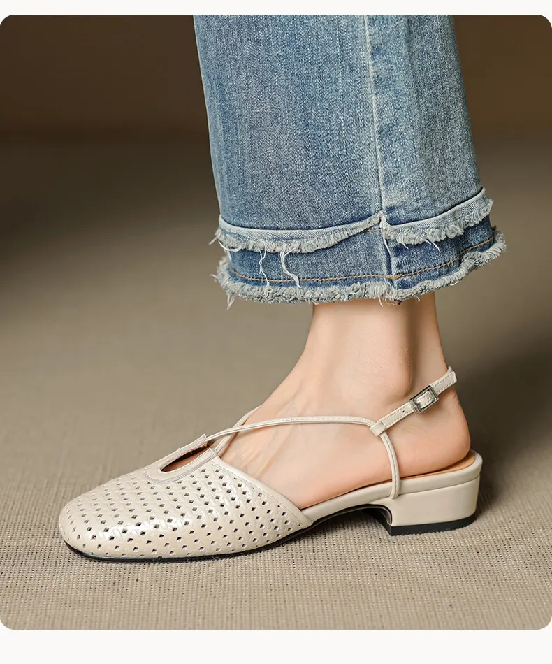 Summer soft openwork closed-toe sandals with cross buckle straps, round toe, 3cm chunky heel, Mary Jane style women's shoes
