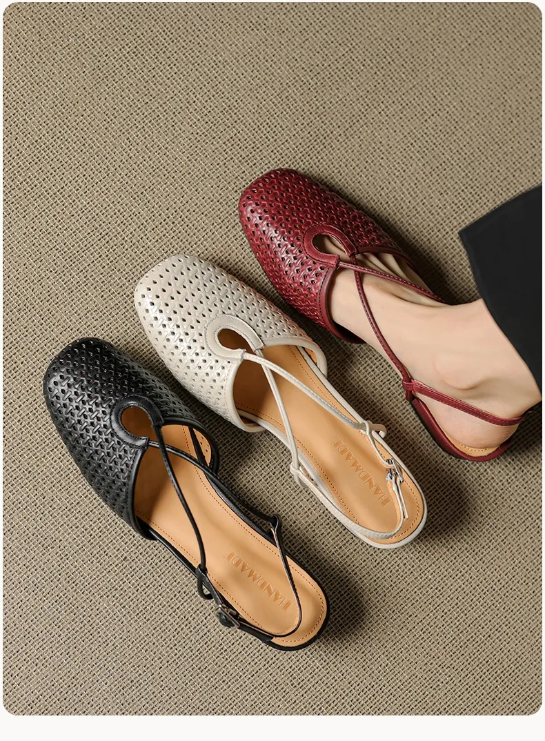 Summer soft openwork closed-toe sandals with cross buckle straps, round toe, 3cm chunky heel, Mary Jane style women's shoes