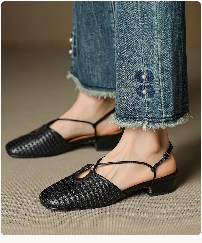 Summer soft openwork closed-toe sandals with cross buckle straps, round toe, 3cm chunky heel, Mary Jane style women's shoes