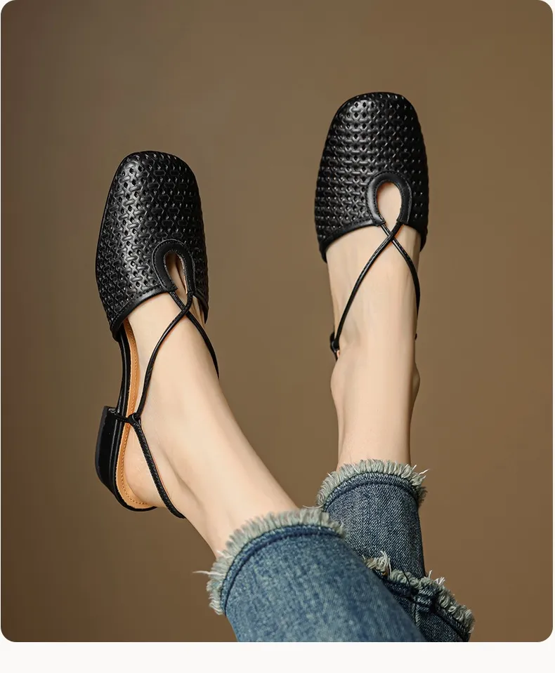 Summer soft openwork closed-toe sandals with cross buckle straps, round toe, 3cm chunky heel, Mary Jane style women's shoes