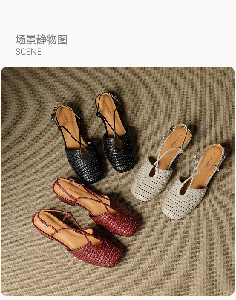 Summer soft openwork closed-toe sandals with cross buckle straps, round toe, 3cm chunky heel, Mary Jane style women's shoes