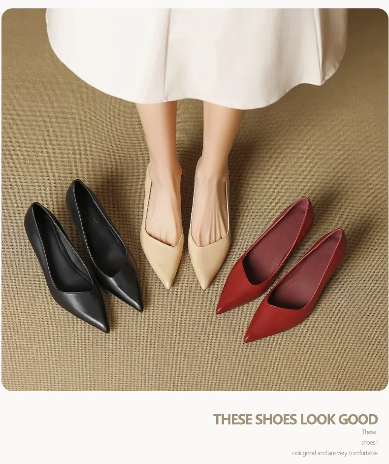 Women's leather shoes for all seasons, stylish pointed toe, 7cm stiletto heels, perfect for pairing with skirts, red and black slimming flats.