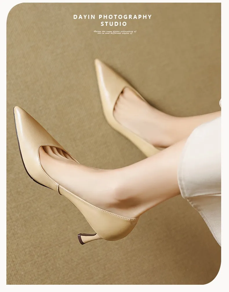 Women's leather shoes for all seasons, stylish pointed toe, 7cm stiletto heels, perfect for pairing with skirts, red and black slimming flats.