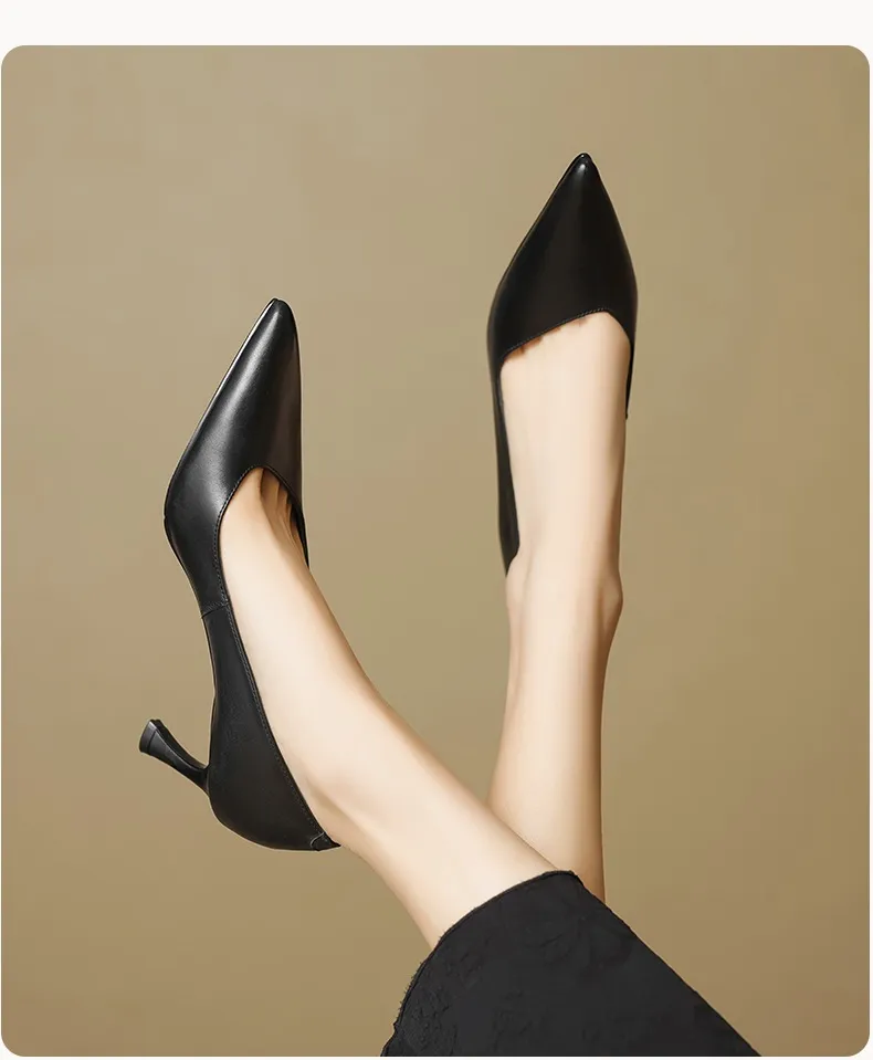 Women's leather shoes for all seasons, stylish pointed toe, 7cm stiletto heels, perfect for pairing with skirts, red and black slimming flats.