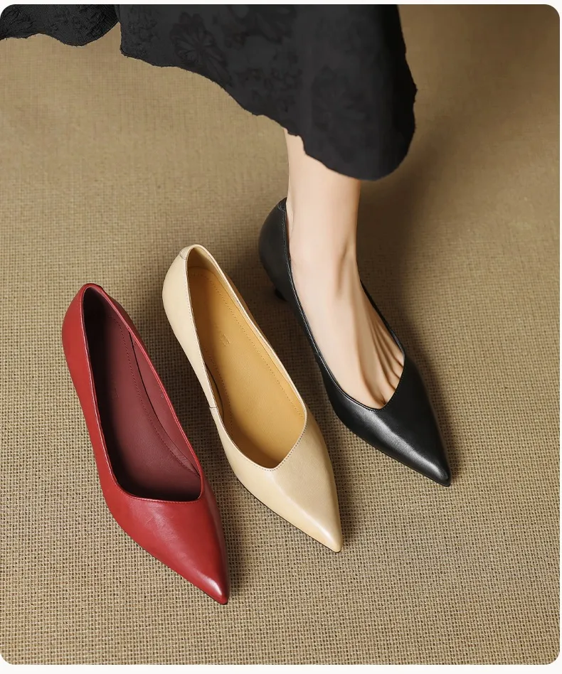 Women's leather shoes for all seasons, stylish pointed toe, 7cm stiletto heels, perfect for pairing with skirts, red and black slimming flats.