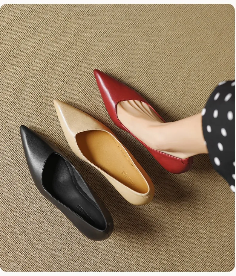 Women's leather shoes for all seasons, stylish pointed toe, 7cm stiletto heels, perfect for pairing with skirts, red and black slimming flats.