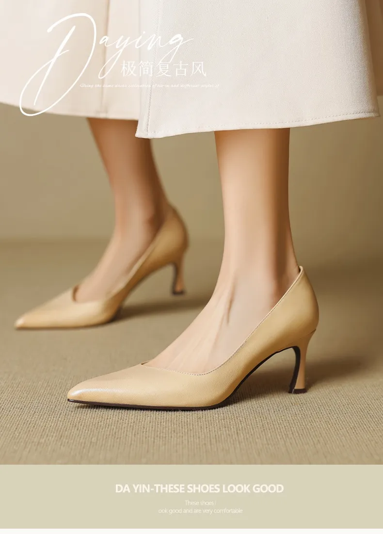 Women's leather shoes for all seasons, stylish pointed toe, 7cm stiletto heels, perfect for pairing with skirts, red and black slimming flats.