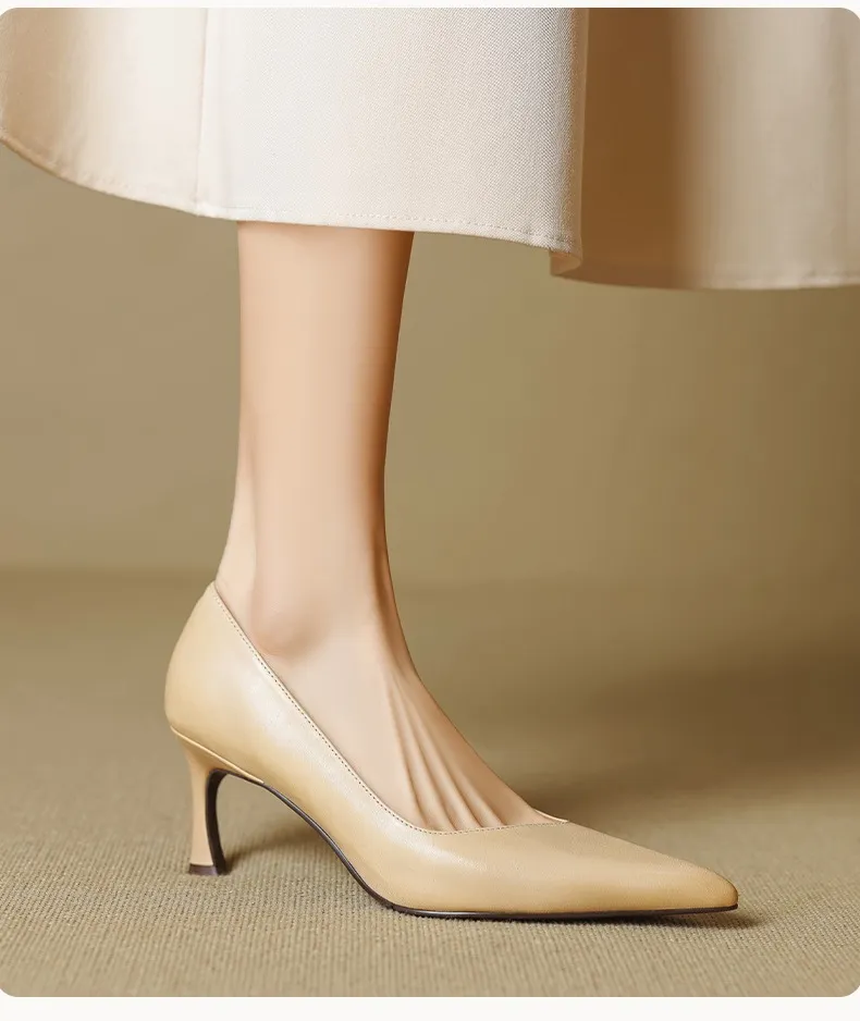 Women's leather shoes for all seasons, stylish pointed toe, 7cm stiletto heels, perfect for pairing with skirts, red and black slimming flats.