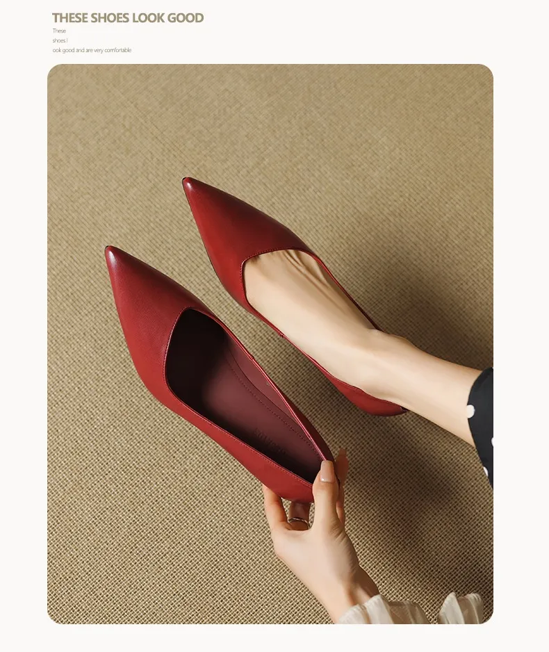 Women's leather shoes for all seasons, stylish pointed toe, 7cm stiletto heels, perfect for pairing with skirts, red and black slimming flats.