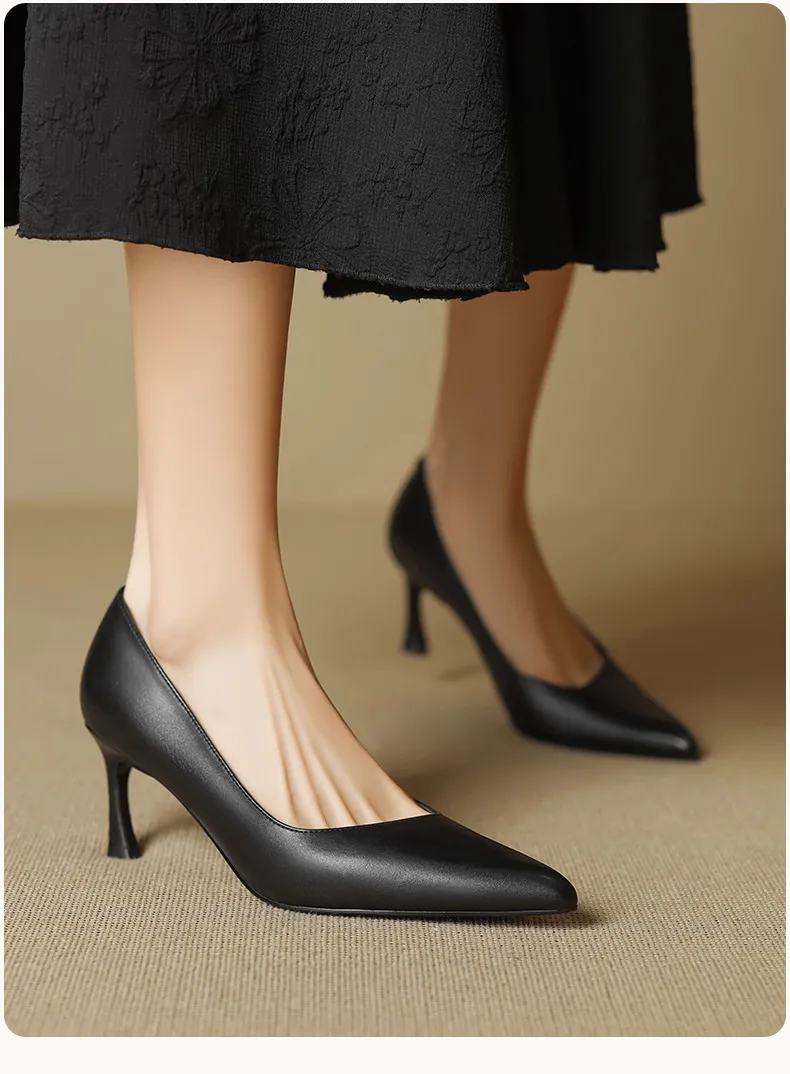 Women's leather shoes for all seasons, stylish pointed toe, 7cm stiletto heels, perfect for pairing with skirts, red and black slimming flats.
