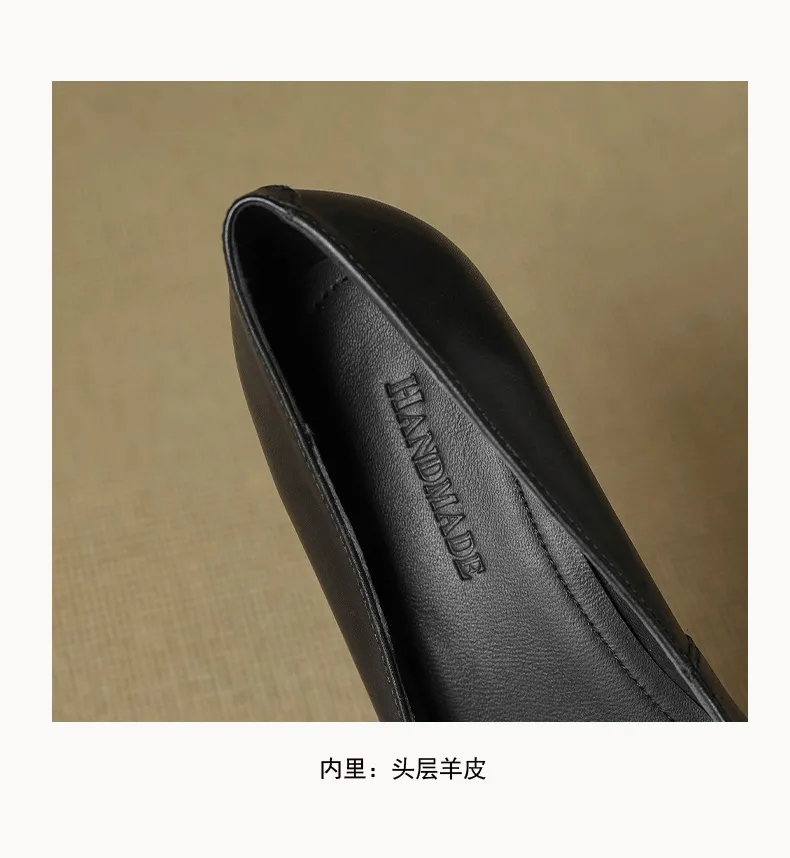 Women's leather shoes for all seasons, stylish pointed toe, 7cm stiletto heels, perfect for pairing with skirts, red and black slimming flats.
