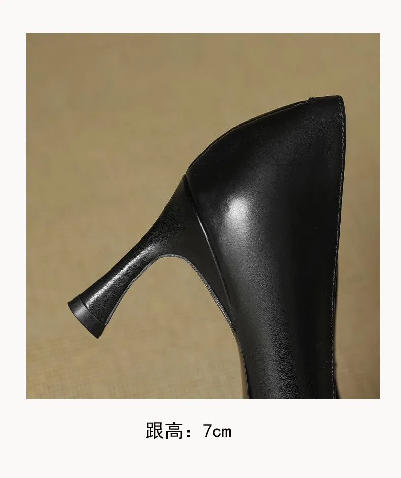 Women's leather shoes for all seasons, stylish pointed toe, 7cm stiletto heels, perfect for pairing with skirts, red and black slimming flats.