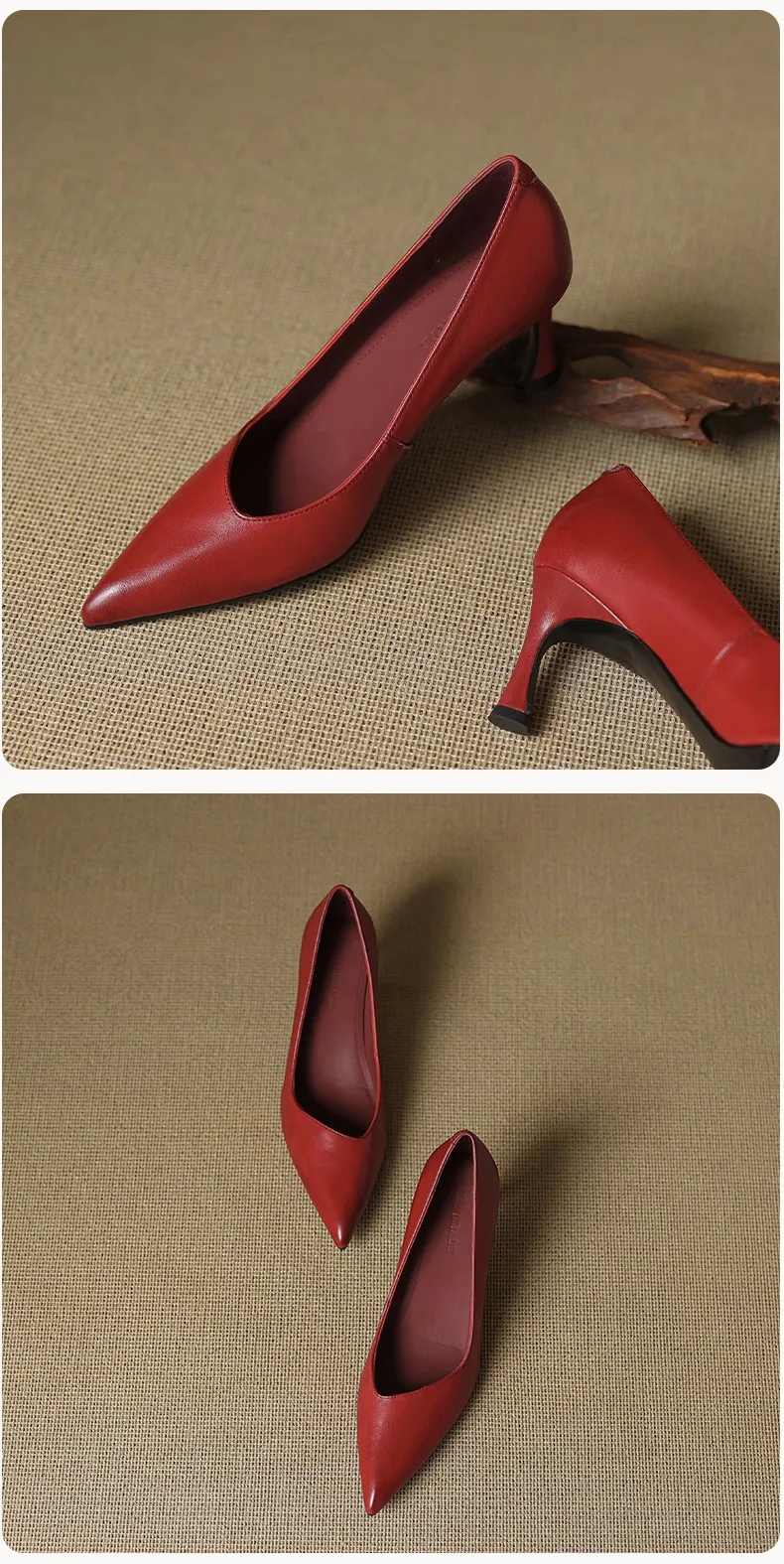 Women's leather shoes for all seasons, stylish pointed toe, 7cm stiletto heels, perfect for pairing with skirts, red and black slimming flats.